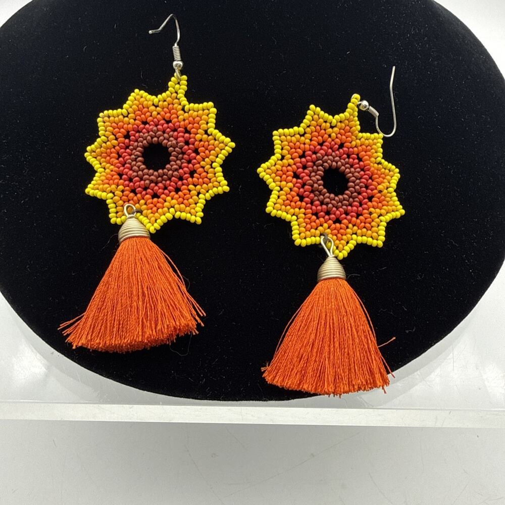 Beaded Sun Earrings/Huichol/With Tassel/Hand-made - Orange/Yellow BOHO